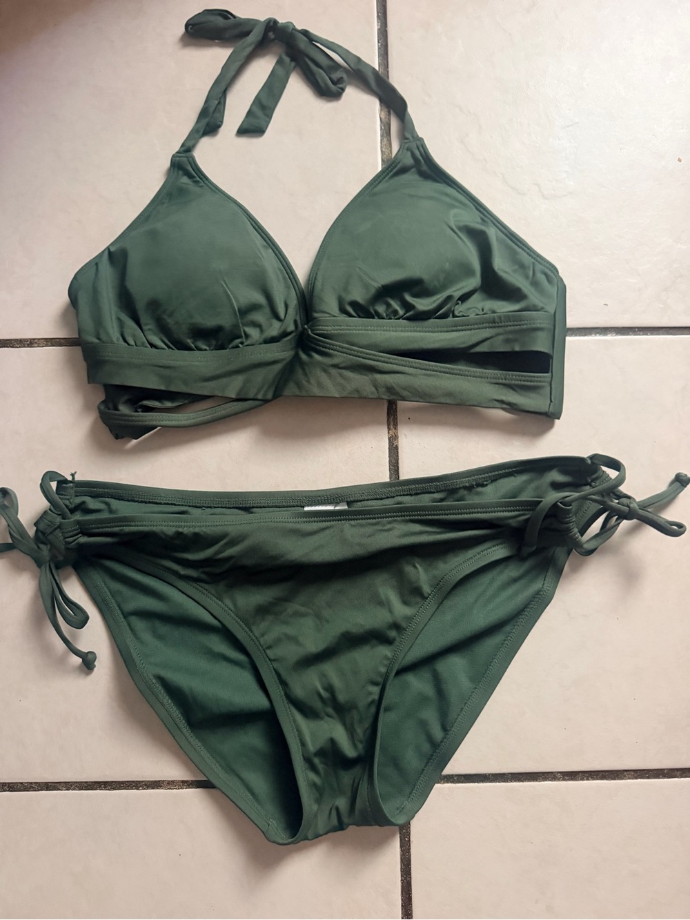Kona Sol Olive Green Halter Tie Bikini Set